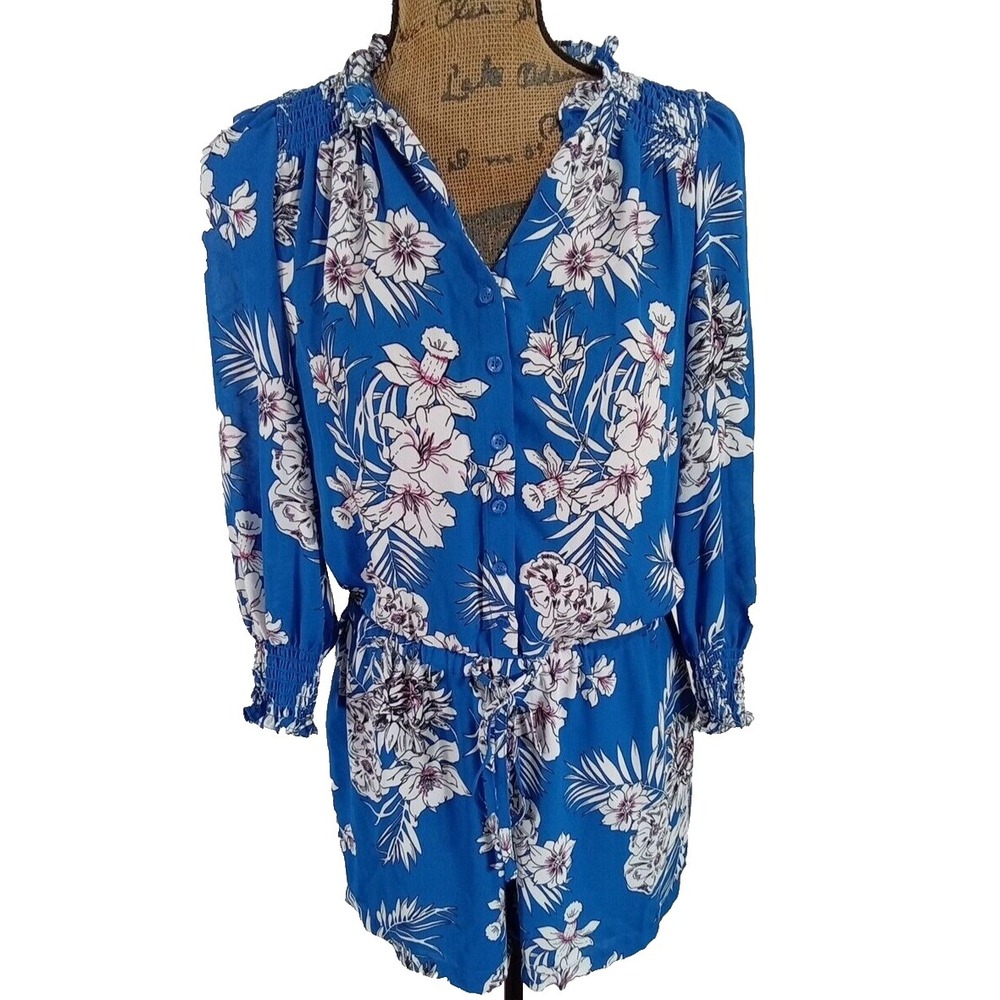 Fleur Bleue Romper Size 4 Blue White Floral Ruffle Button Front Drawstring Short